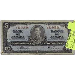 1937 CANADIAN $5.00 BILL