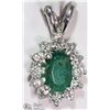 Image 1 : #26-14K WHITE GOLD EMERALD & DIAMOND PENDANT