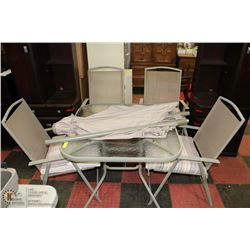 PATIO TABLE WITH UMBRELLA AND 4 FOLDING CHAIRS