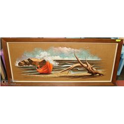 LARGE WOOD FRAMED PAINTING ON BURLAP