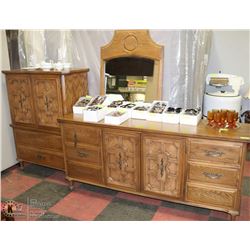 VINTAGE WOOD TONE DRESSER, MIRROR AND ARMOIRE