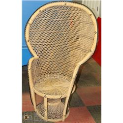 2 WOOD BLUE TABLES WITH WICKER HIGH BACK CHAIR