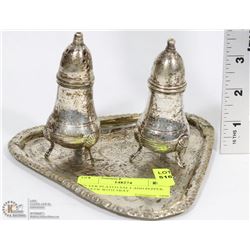 SILVER PLATED SALT AND PEPPER SHAKER WITH TRAY