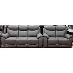 NEW GREY GENUINE LEATHER RECLINING LOVE SEAT