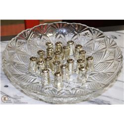 CUT GLASS PLATE WITH SALT AND PEPPER SHAKERS