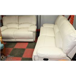 NEW WHITE LEATHERETTE RECLINING SOFA AND LOVE