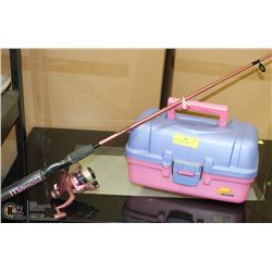 PINK GIRLS FISHING ROD + BOX FULL OF FISHING GEAR