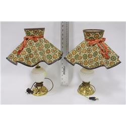 BRASS AND MILK GLASS NIGHT STAND LAMPS - MATCHING