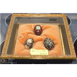 FRAMED SET OF 3 FABREGE STYLE EGG DISPLAY