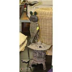 CAST IRON VOTIVE LAMP AND METAL FROG BIRD BATH