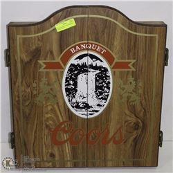 COORS BANQUET DART BOARD IN WOOD CABINET