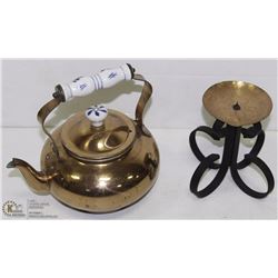 8" COPPER TEA KETTLE WITH CERAMIC HANDLE AND 6"