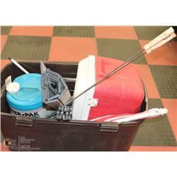 LARGE BROWN BIN W/RED COLEMAN COOLER,