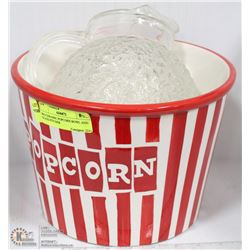 BIG CERAMIC POPCORN BOWL AND GLASS PITCHER