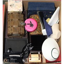 LARGE BOX W/WOOD JEWELLERY BOXES,