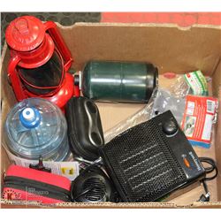 BOX OF CAMPING SUPPLIES INCL. HONEYWELL