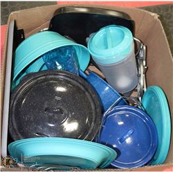 LARGE BOX OF CAMPING COOKWARE,