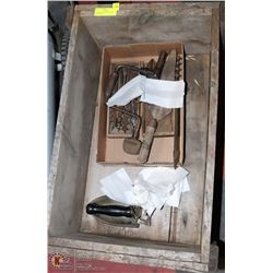 VINTAGE WOOD BOX WITH OLD TOOLS & IRON