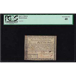 July 2, 1780 Rhode Island $4 Colonial Currency Note PCGS Extremely Fine 40