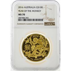 2016 Australia $100 Year of the Monkey Gold Coin NGC MS70