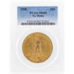 1908 NM $20 St. Gaudens Double Eagle Gold Coin PCGS MS65