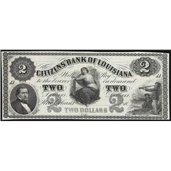 1800's $2 The Citizens Bank of Louisiana Obsolete Note