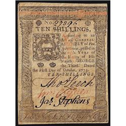 October 1, 1773 Ten Shillings Pennsylvania Colonial Currency Note