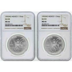 Set of (2) 1992MO Mexico 1 Onza Silver Libertad Coins NGC MS66