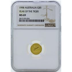 1998 $5 Australia Year of the Tiger Gold Coin NGC MS69