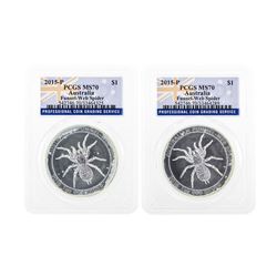 Set of (2) 2015-P $1 Australia Funnel-Web Spider Silver Coins PCGS MS70