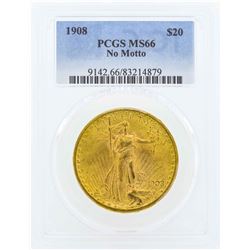 1908 No Motto $20 St. Gaudens Double Eagle Gold Coin PCGS MS66