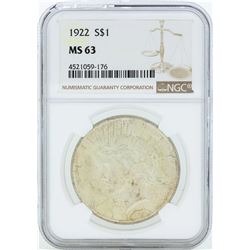 1922 $1 Peace Silver Dollar Coin NGC MS63