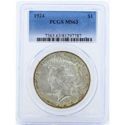 1924 $1 Peace Silver Dollar Coin PCGS MS63