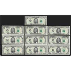 Lot of (10) Consecutive 1995 $5 Federal Reserve STAR Notes