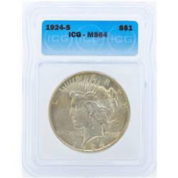 1924-S $1 Peace Silver Dollar Coin ICG MS64