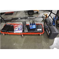 MISC. TOOLS INCLUDING CAR JACK, GAS LINE, ANTIFREEZE, BOOKS, CREEPER, AND MORE