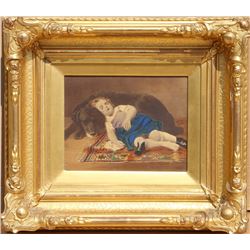 H. Richter, Sleeping Girl with Dog, Hand-Colored Print