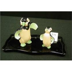 Ceramic PENGUINS on Black Glass