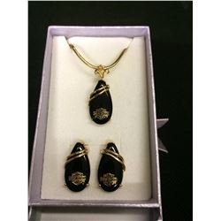 HARLEY DAVIDSON EARRINGS & PENDANT SET SOLID GOLD STAMPED (BLACK ONYX)