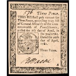 Colonial Currency, PA April 20, 1781 3 Pence Penee Error Spelling RICHARD BACHE