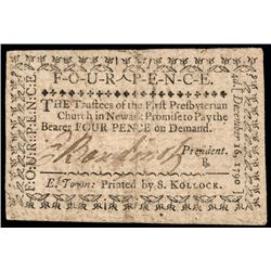 ELIAS BOUDINOT Signed 1790 Four Pence Church Currency Note on Newark, New Jersey
