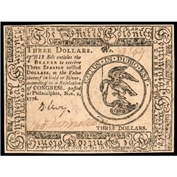 Colonial Currency, Continental, Nov. 2, 1776, $3, SIGNED: BENJAMIN LEVY