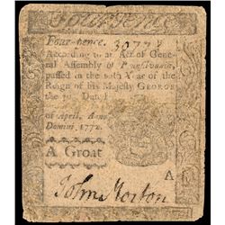 Colonial Currency, Rare April 3, 1772 JOHN MORTON Signed Pennsylvania 4d Note