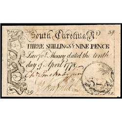 Colonial Currency, CHARLES PINCKNEY, JR. Signed. South Carolina. April 10, 1778
