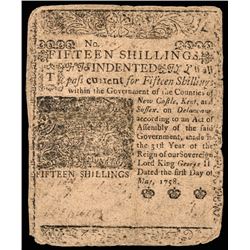 Colonial Currency, BENJAMIN FRANKLIN Printed DE. May 1,1758 15s PCGS F-15