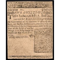 Colonial Currency, DE June 1, 1759. 5s BENJAMIN FRANKLIN Printed Issue PCGS F-15