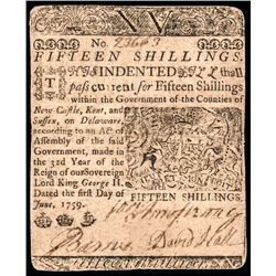 Colonial Currency, BENJAMIN FRANKLIN Printed 1759 Delaware 15s Note PCGS VF-30