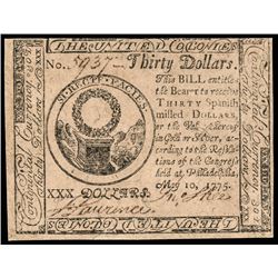 Continental Currency, May 10, 1775. Thirty Dollars. First Issue. PCGS Ch. AU-55