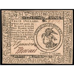 Continental Currency, July 22, 1776 Three Dollars. Philadelphia. Extremely Fine