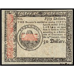 Continental Currency, January 14, 1779 Fifty Dollars Special Blue Detector Note